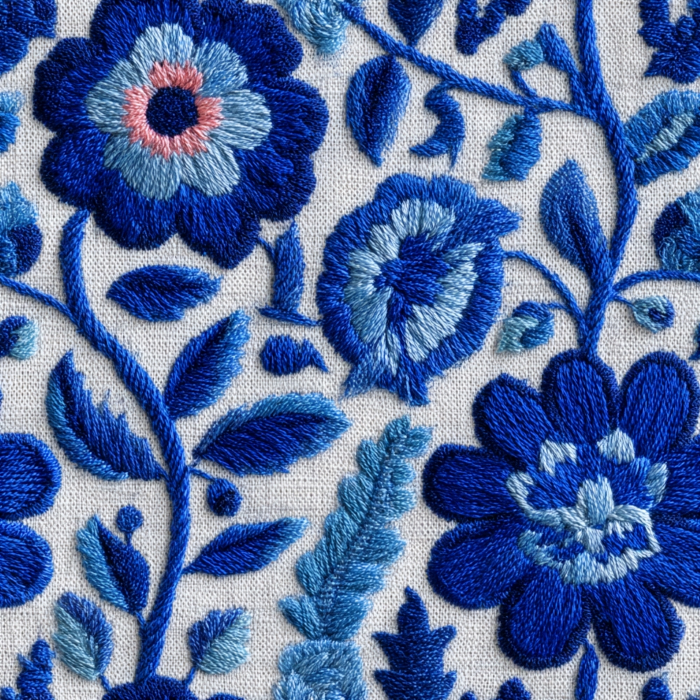 Fabric in Blue Floral Faux Embroidery Fabric Pattern