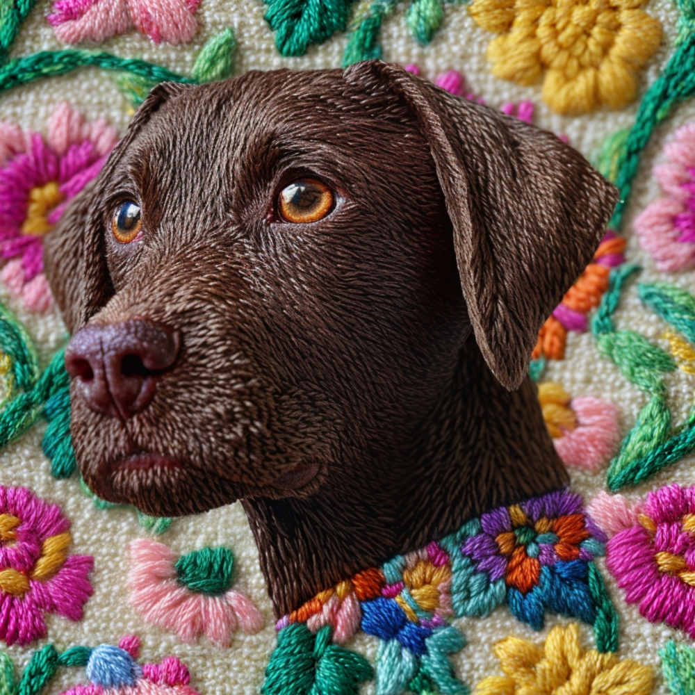German Short Hair Pointer Dog Faux Embroidery Floral Fabric Pattern