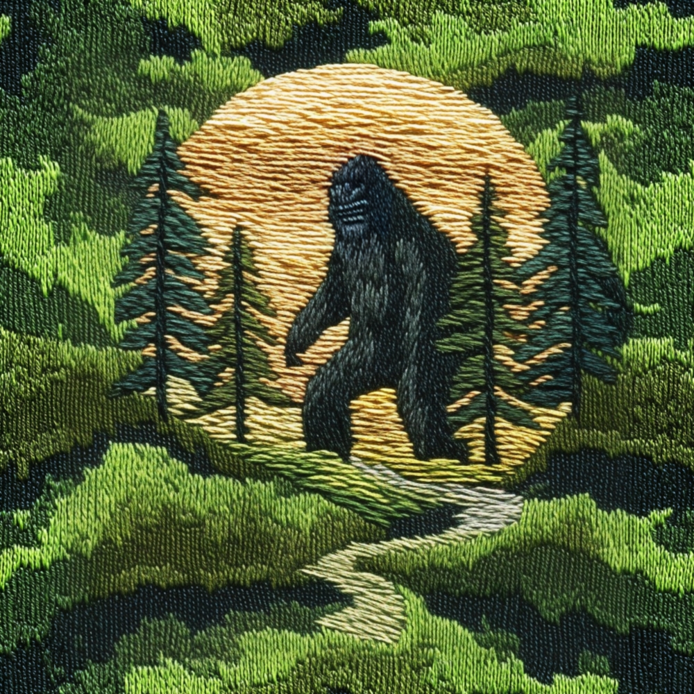 Fabric in Embroidered Bigfoot in Forest with Sunset - Mystical Woodland Textile Art