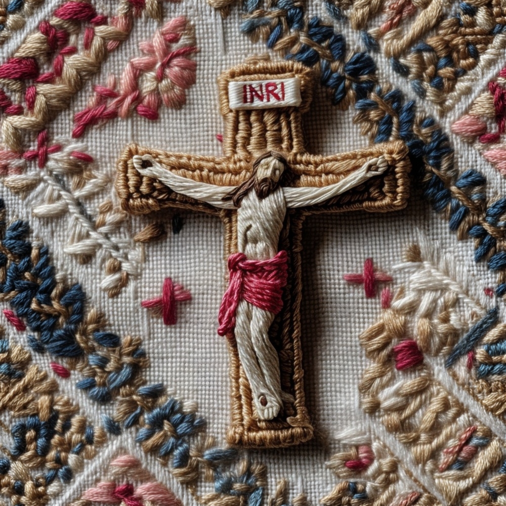 Fabric in Embroidered Crucifix with Floral Folk Pattern in Earth Tones