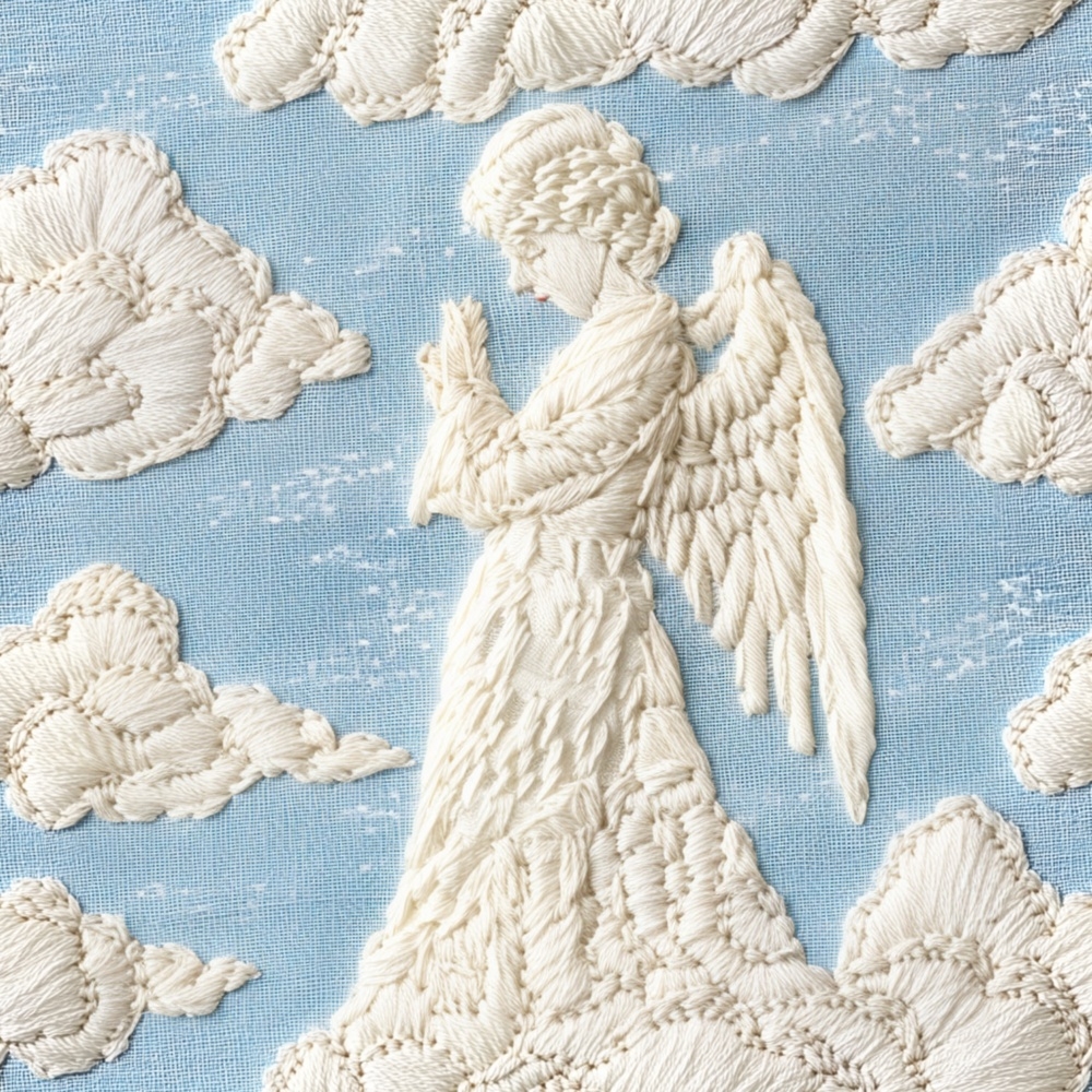 Fabric in Embroidered Guardian Angel in Clouds on Sky Blue