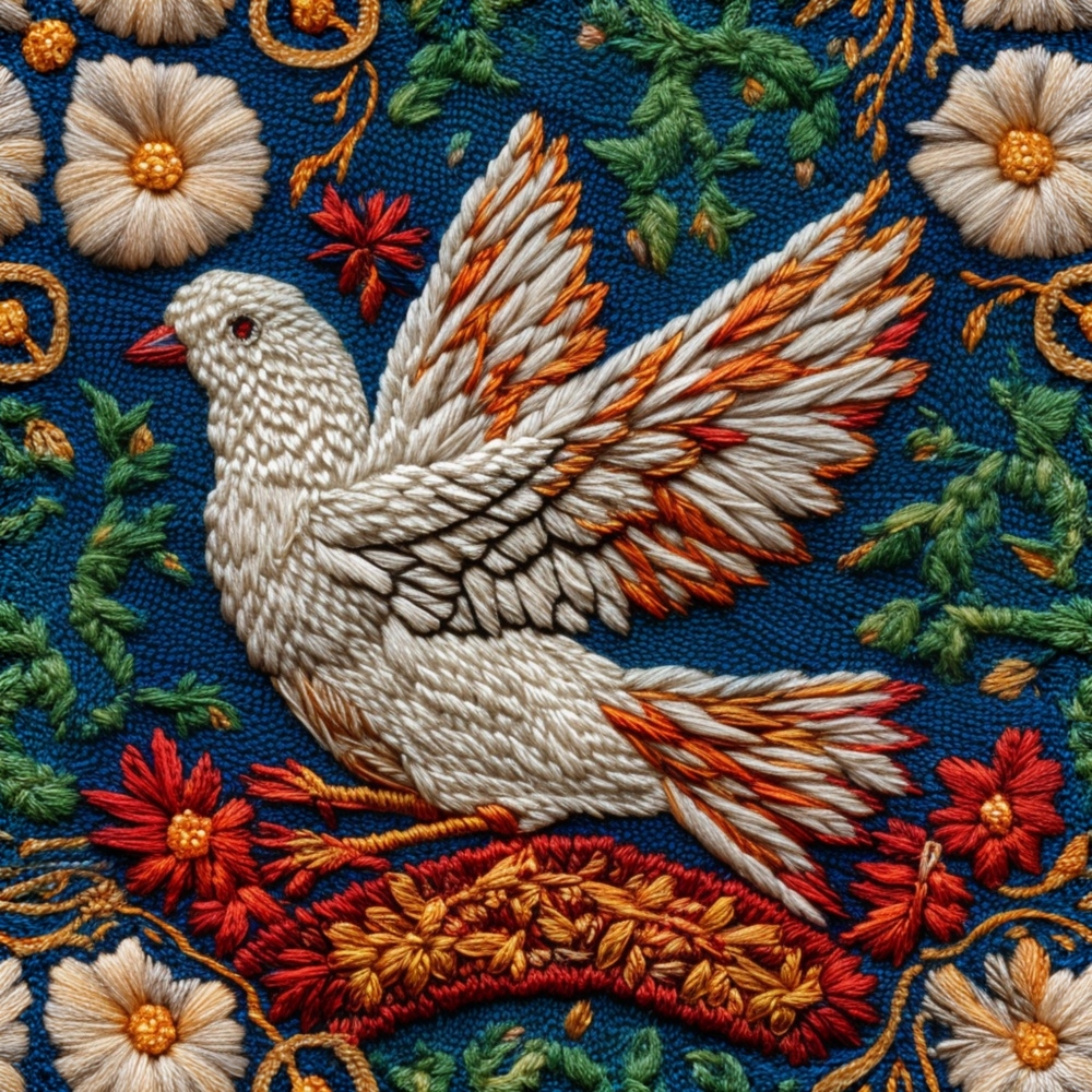 Fabric in Embroidered Holy Spirit Dove with Floral Motifs