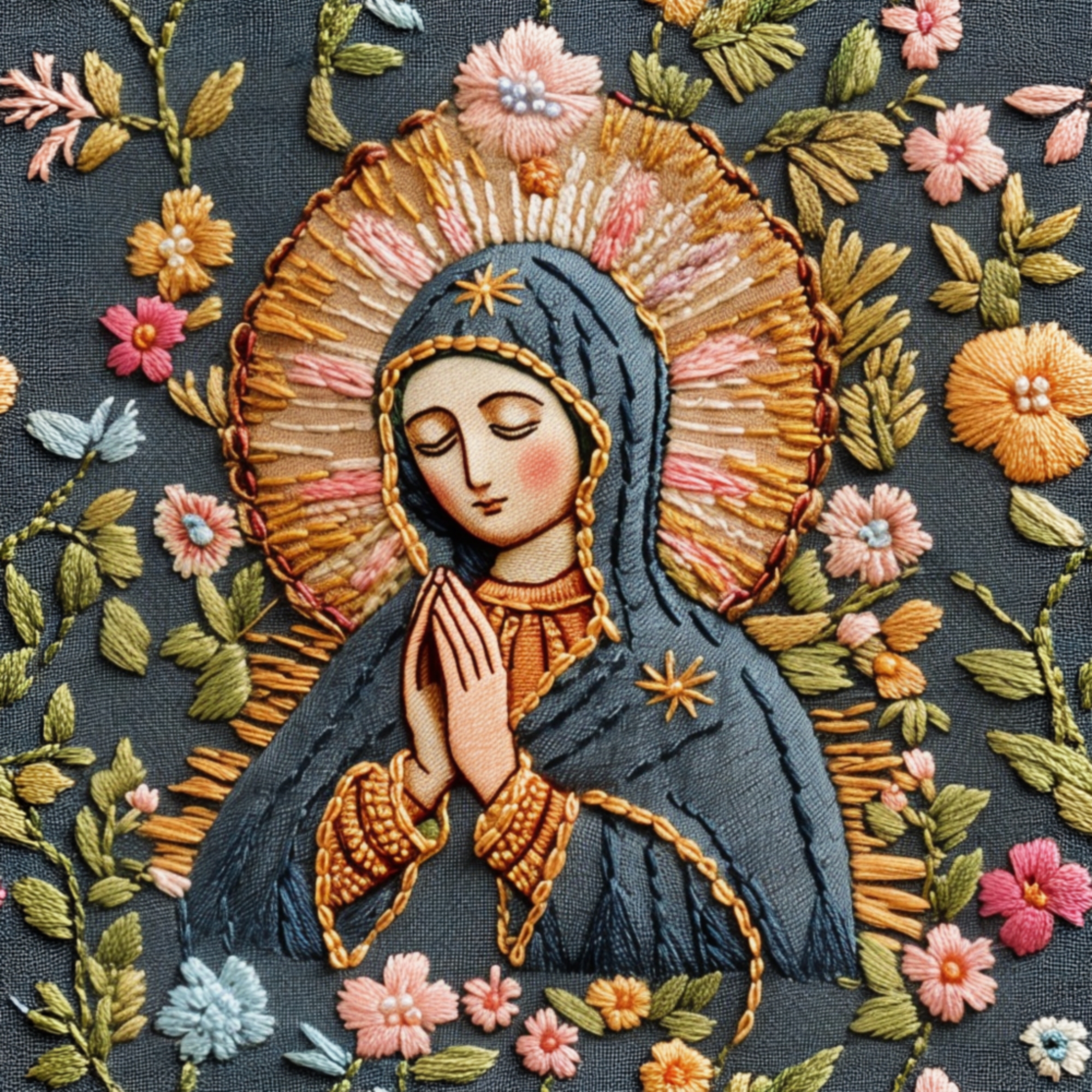 Faux Embroidered Our Lady of Guadalupe Floral Pattern on Dark Fabric
