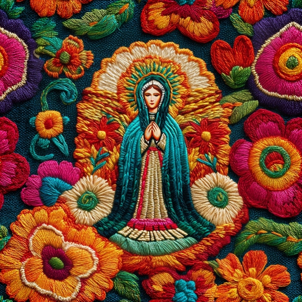 Fabric in Embroidered Our Lady of Guadalupe with Mexican Floral Motifs