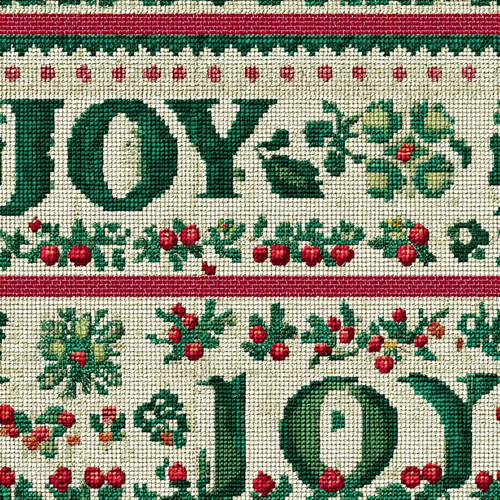 Fabric in Faux Cross Stitch Christmas Joy Pattern with Holly and Berries