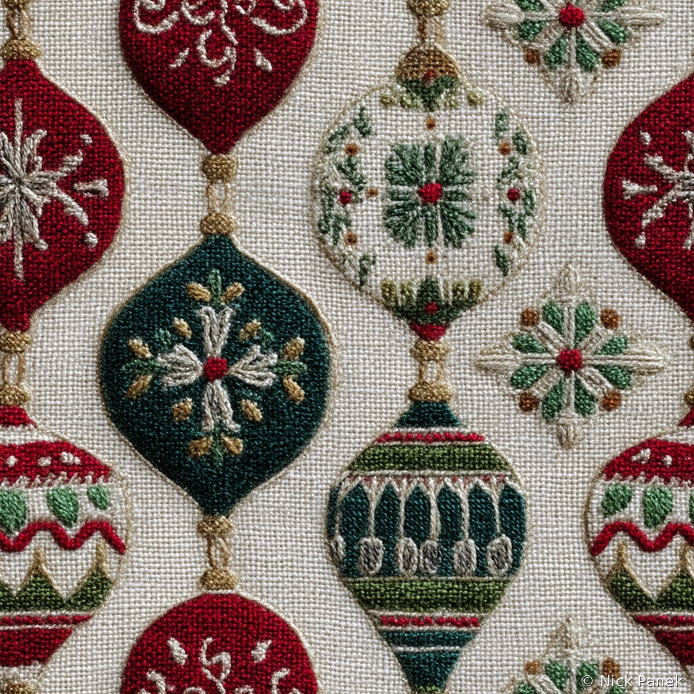 Fabric in Faux Embroidery Christmas Ornaments in Red and Green