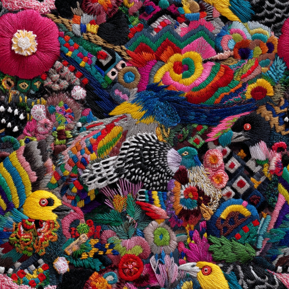 Fabric in Faux Embroidery Colorful Folk Birds Pattern with Floral and Geometric Motif