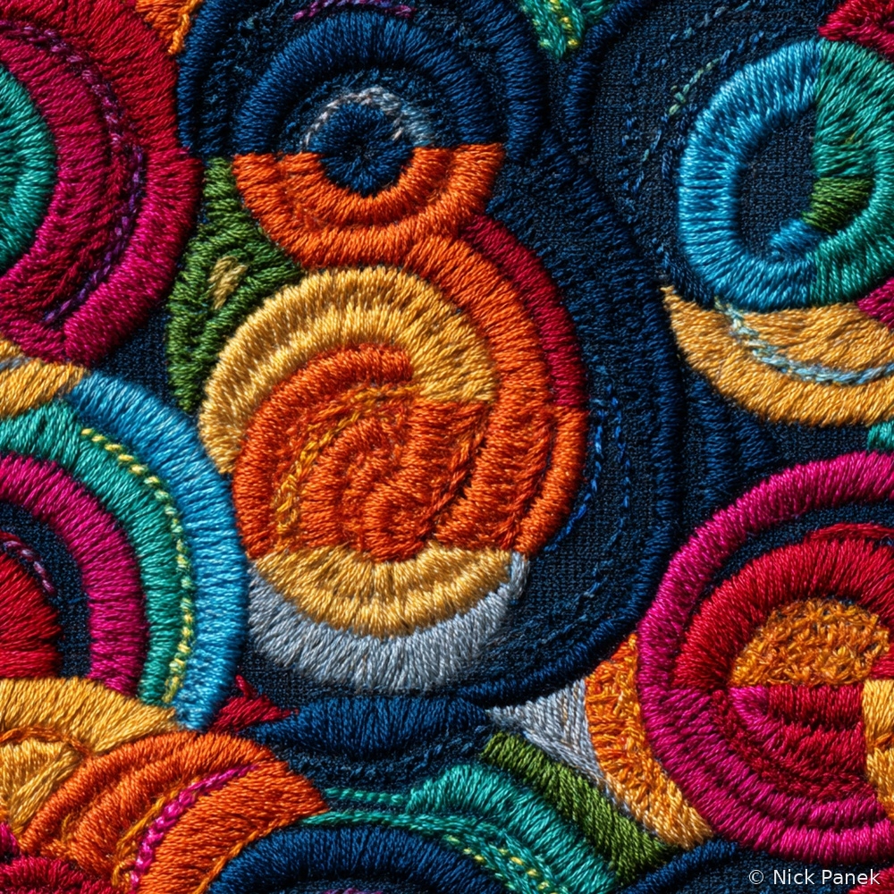 Fabric in Faux Embroidery Colorful Spirals