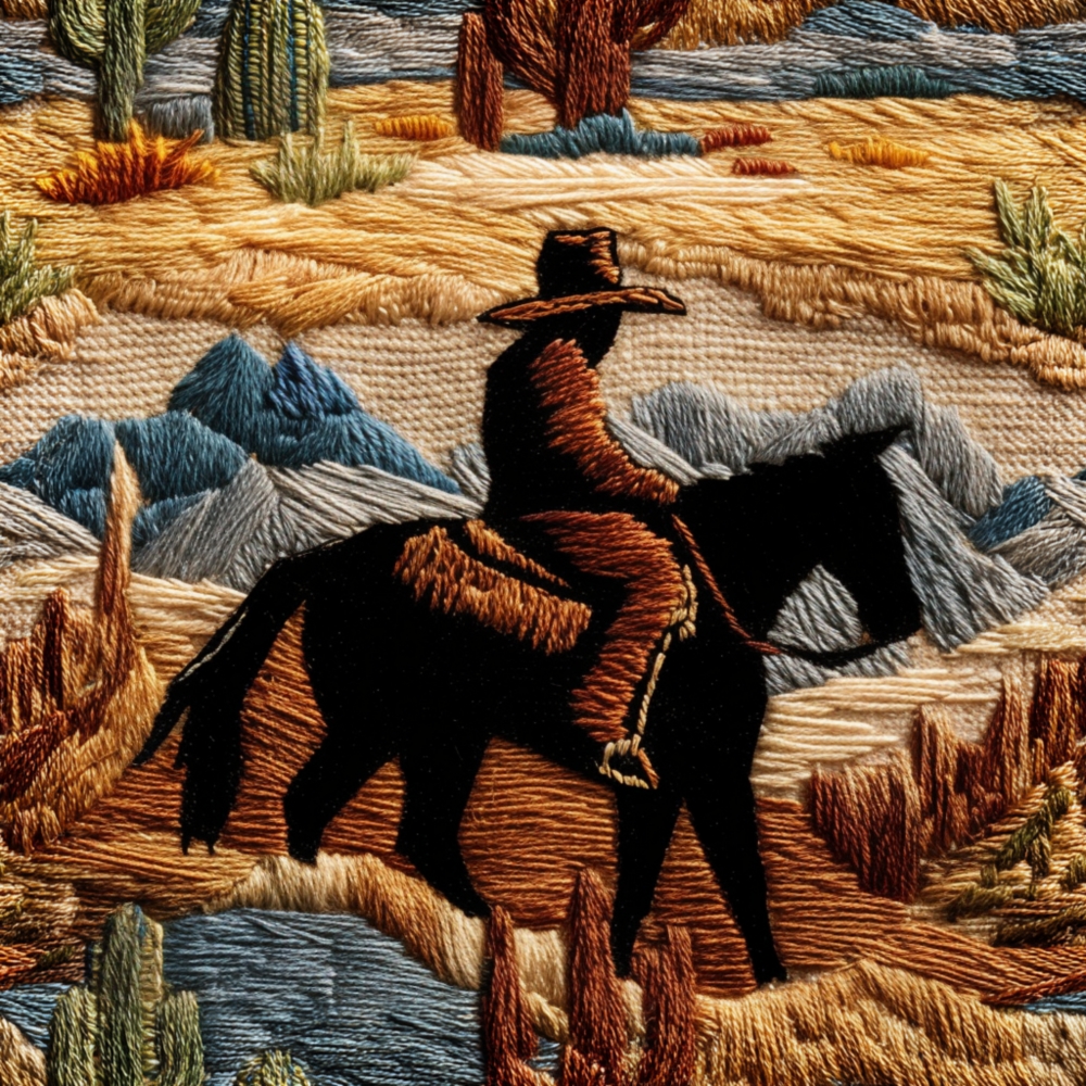 Fabric in Faux Embroidery Cowboy Desert Scene Fabric