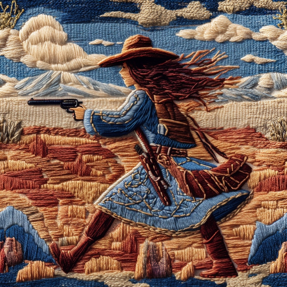 Fabric in Faux Embroidery Cowgirl in Desert Landscape Pattern
