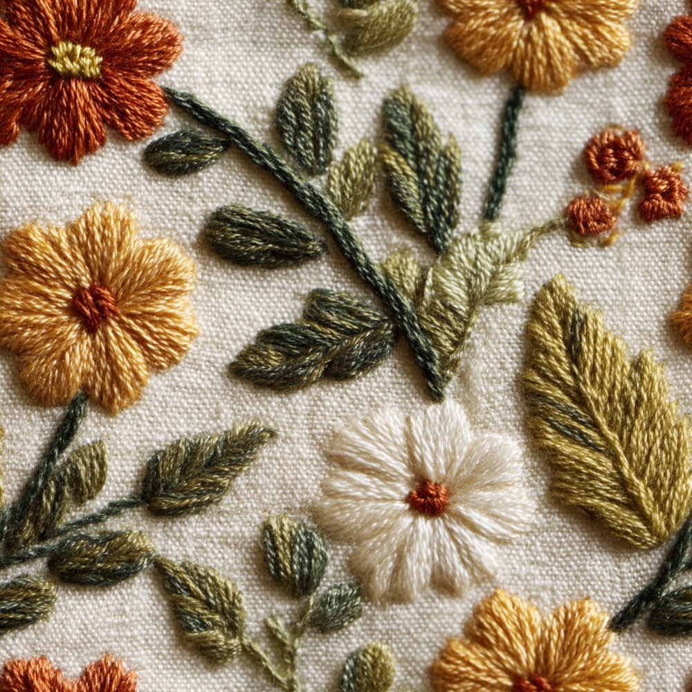 Fabric in Faux Embroidery Floral Pattern in Autumn Tones