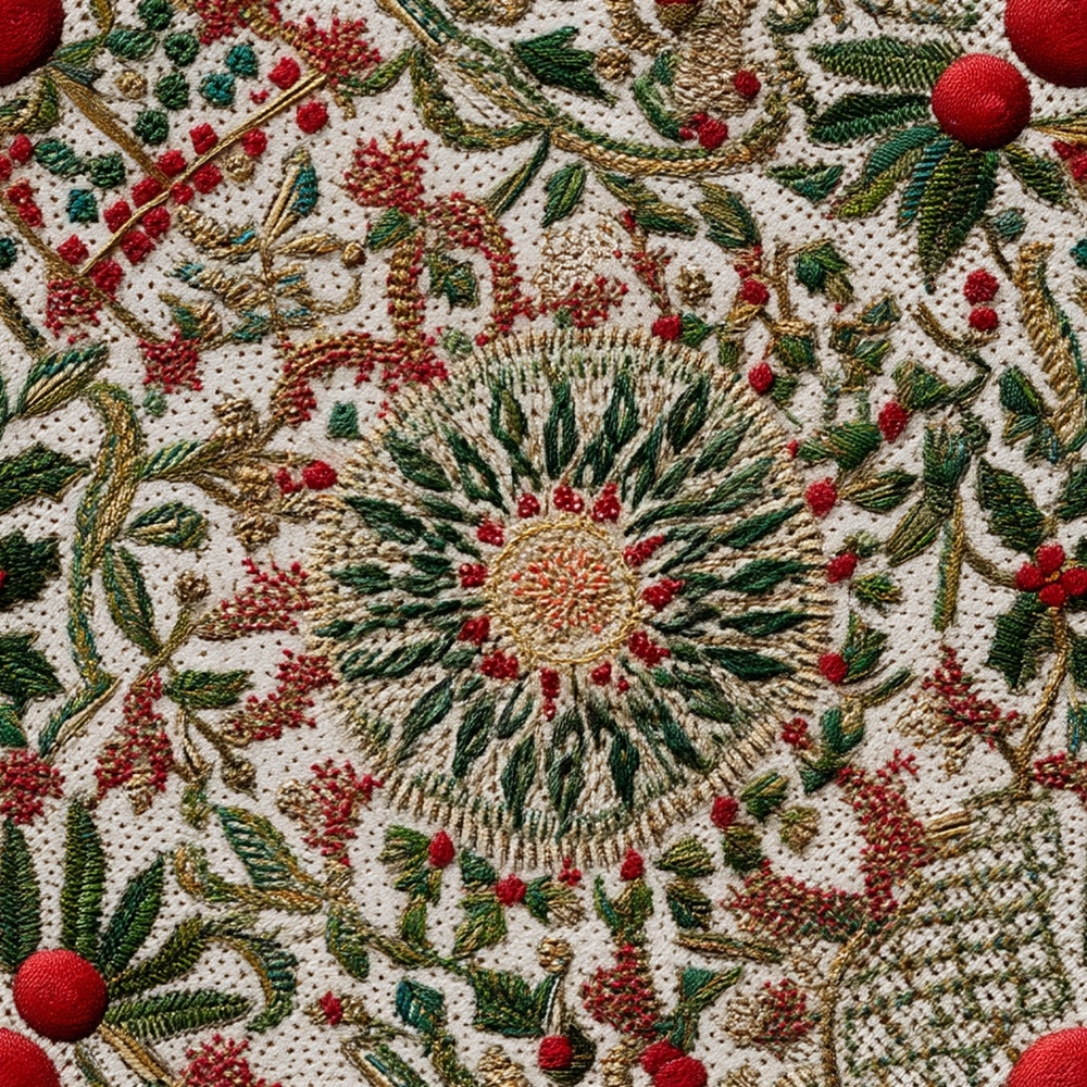 Fabric in Faux Embroidery Holiday Floral and Berries - Spoonflower