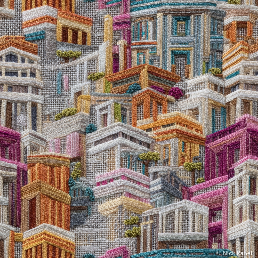 Fabric in Faux Embroidery Modern Cityscape Pattern in Colorful Geometric Style