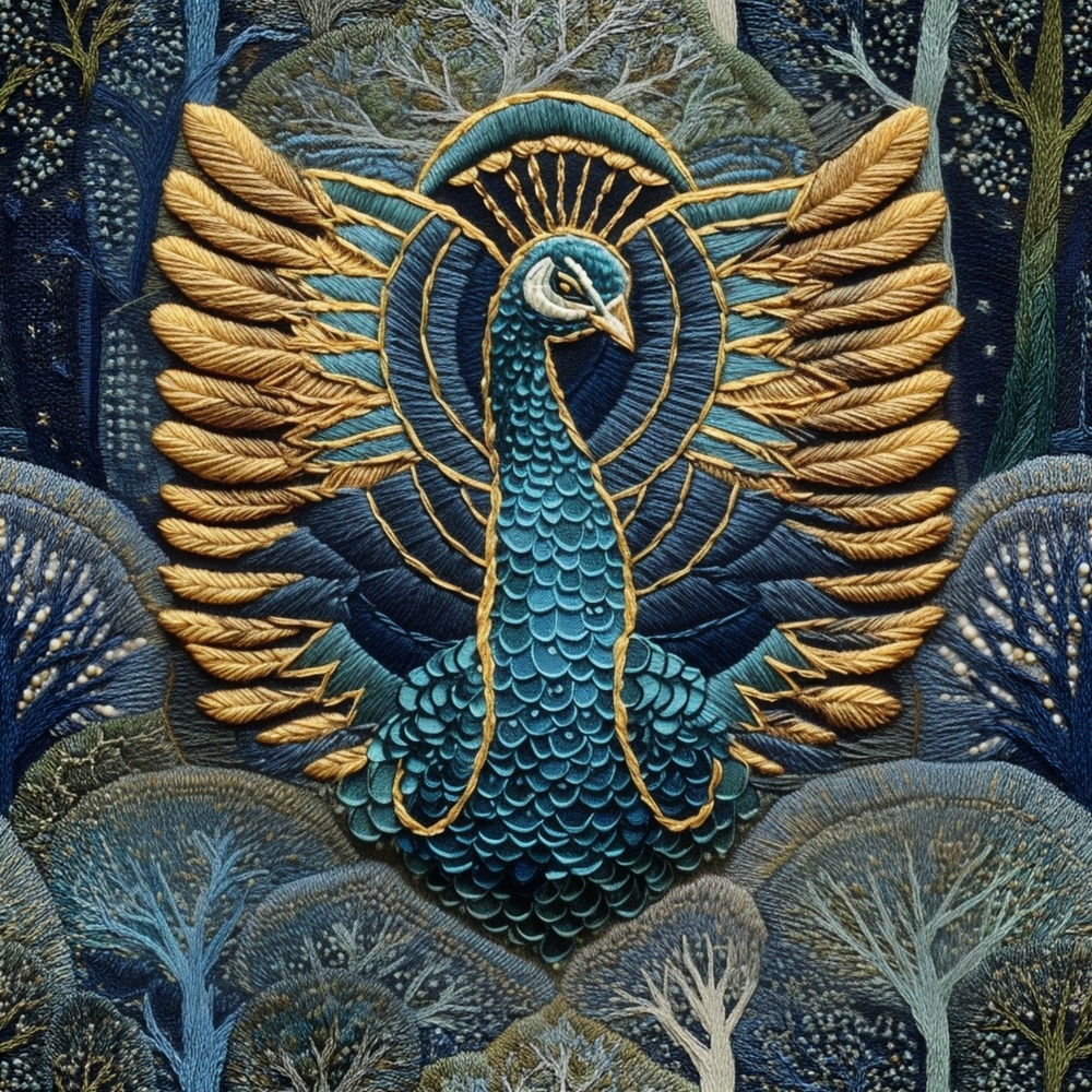 Fabric in Faux Embroidery Peacock with Golden Wings