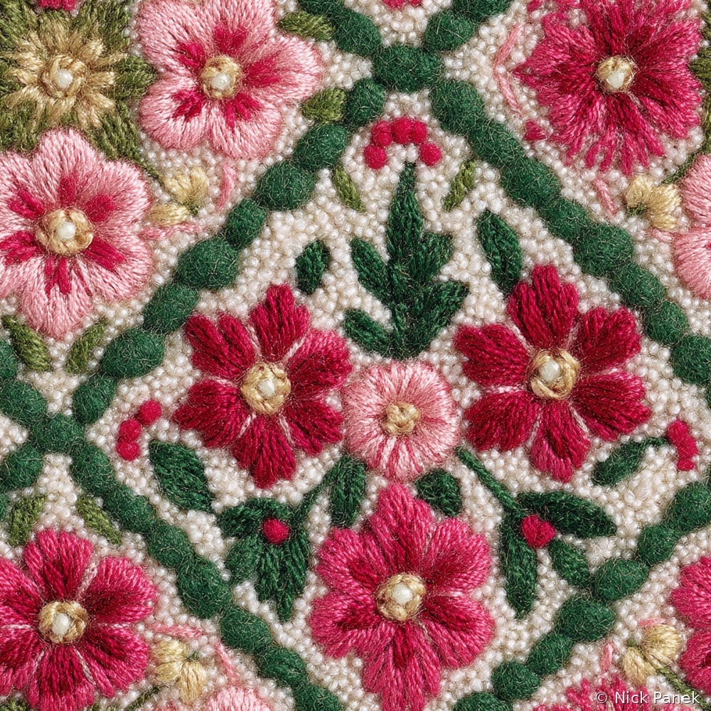 Fabric in Faux Embroidery Preppy Pink and Green Floral Pattern