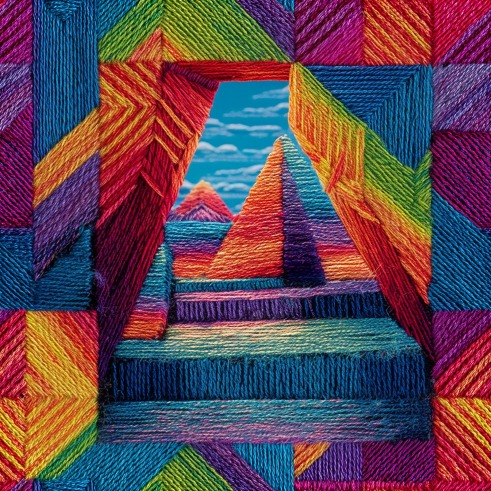 Fabric in Faux Embroidery Pyramids and Geometric Rainbow Fabric Pattern
