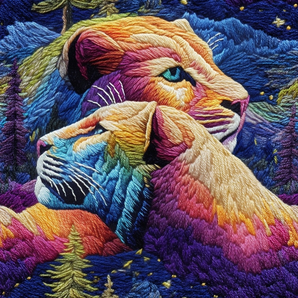 Fabric in Faux Embroidery Rainbow Lions in Night Forest
