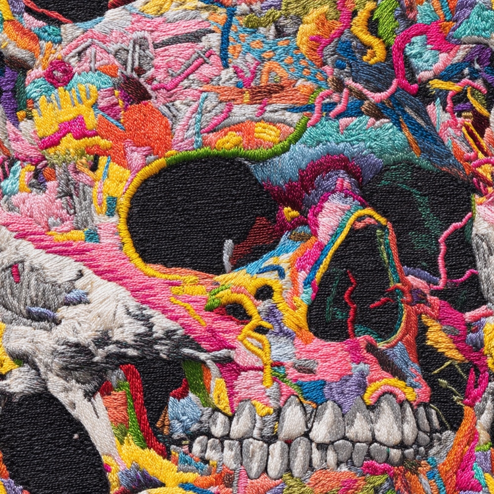 Fabric in Faux Embroidery Skull Pattern Neon Psychedelic Stitch Art