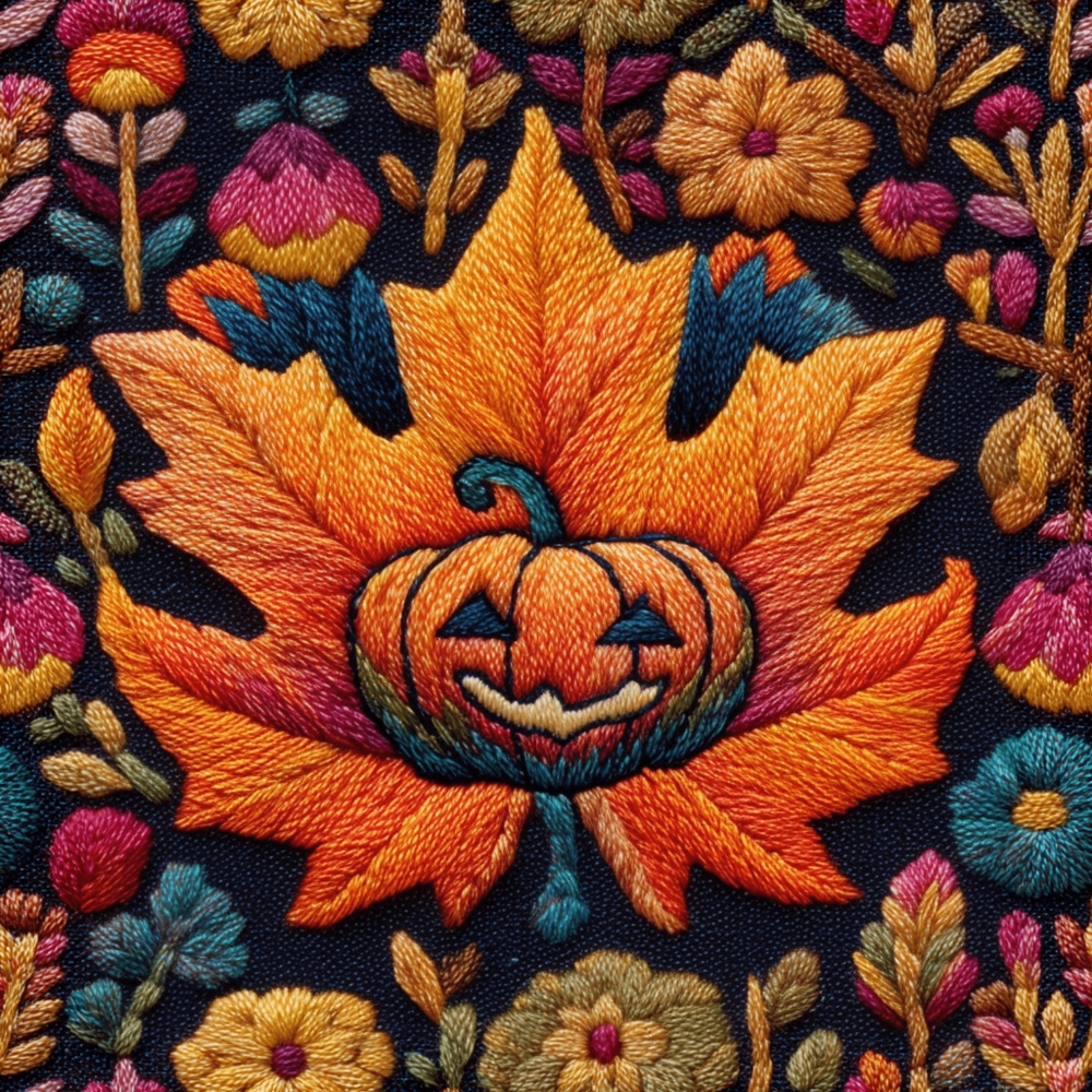 Fabric in Faux Embroidery Smiling Pumpkin Autumn Leaf Pattern