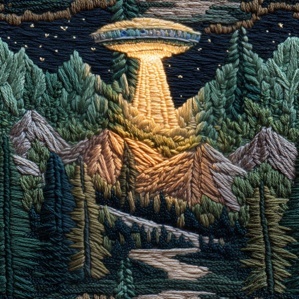 Fabric in Faux Embroidery UFO Forest Night Scene