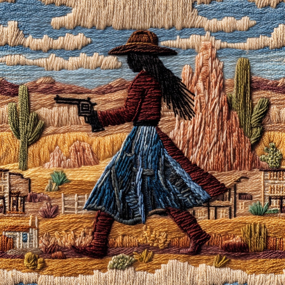 Fabric in Faux Embroidery Western Cowgirl Desert Scene Pattern in Stitched Style