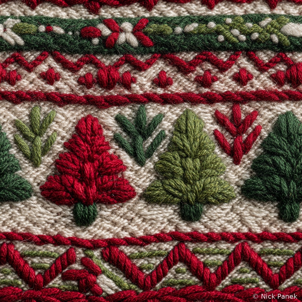 Fabric in Faux Embroidery Winter Evergreen Christmas Sweater Pattern