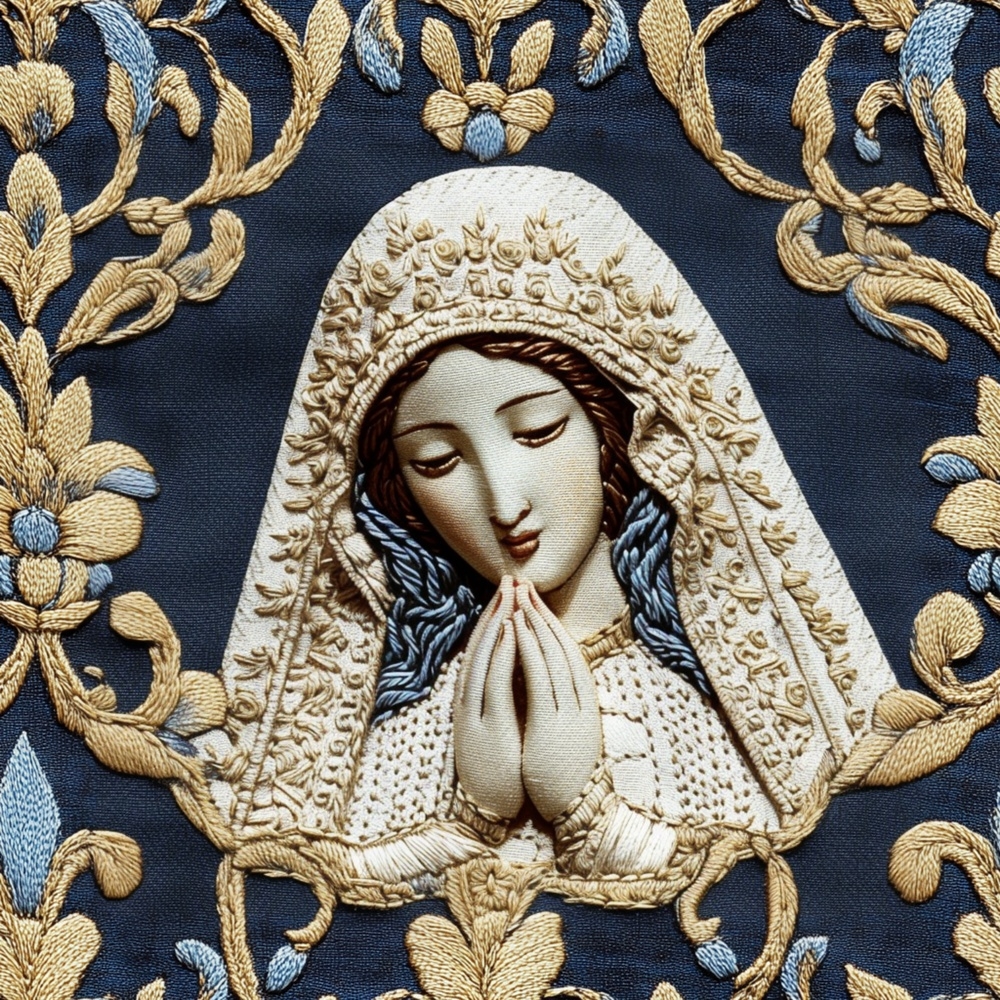 Fabric in Mary Queen of Heaven Faux Embroidery with Blossoms and Scrollwork