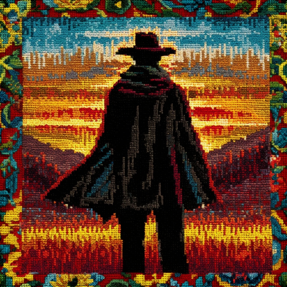 Fabric in Old West Bounty Hunter Faux Needlepoint Fabric Panel