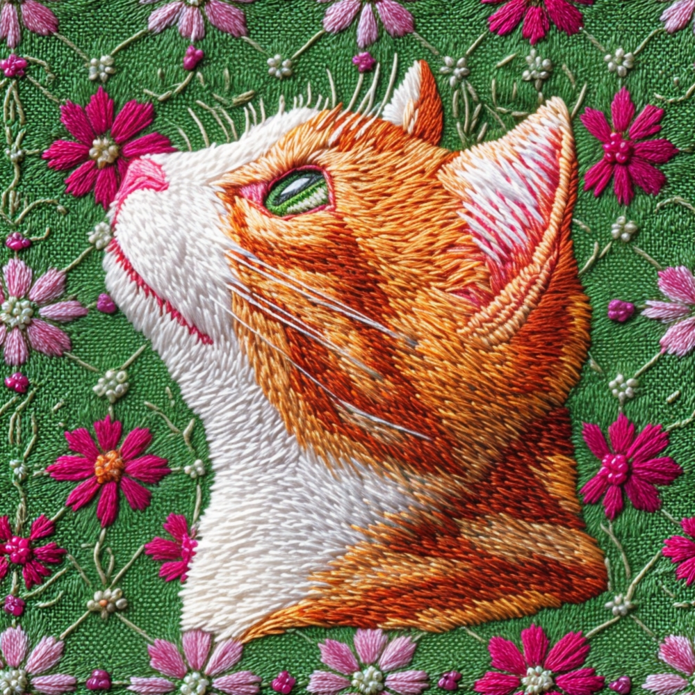 Fabric in Orange Cat Faux Embroidery Floral Fabric Panel