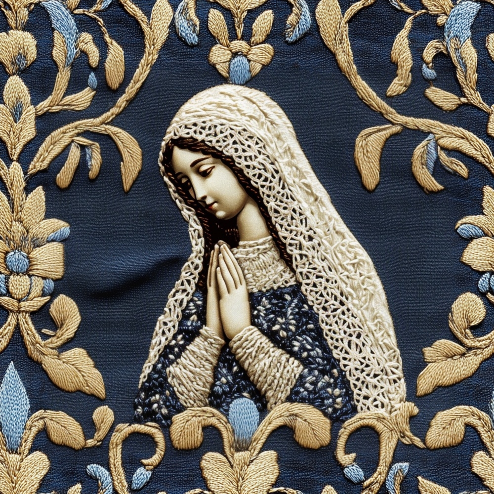 Fabric in Ornate Faux Embroidered Mary in Prayer with Gold Florals on Blue