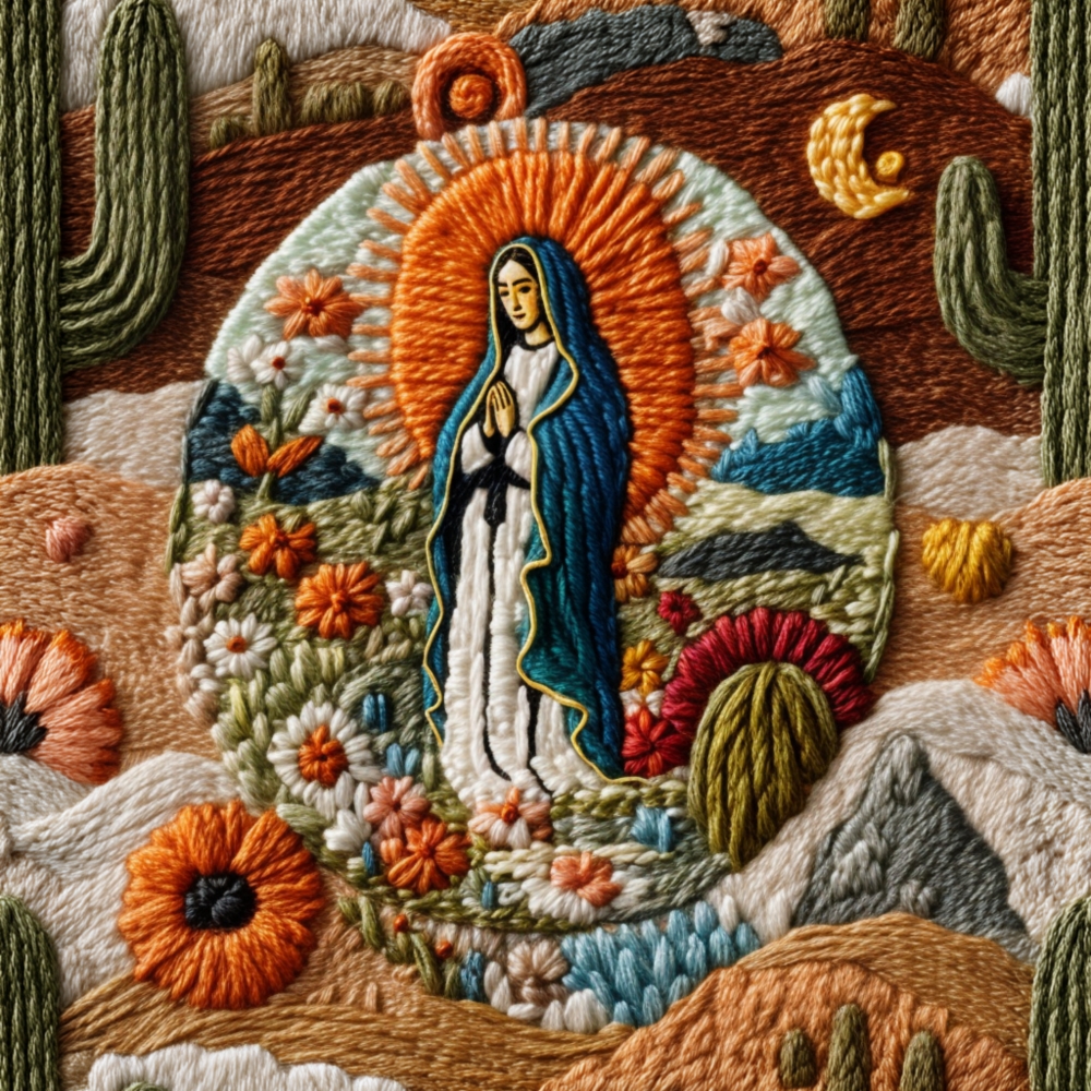 Faux Embroidered Our Lady of Guadalupe Desert Scene on Fabric