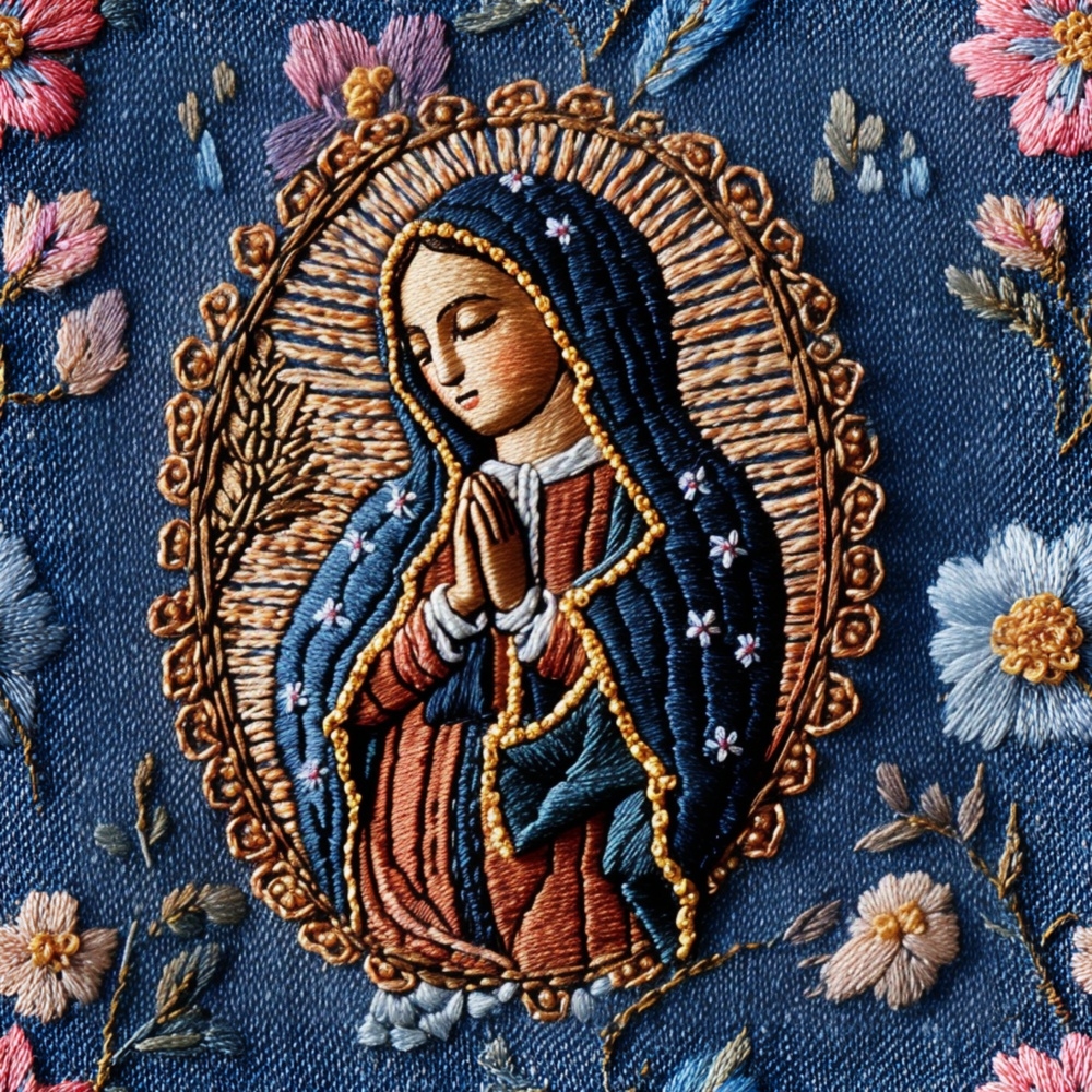 Fabric in Our Lady of Guadalupe Faux Embroidery Fabric Pattern