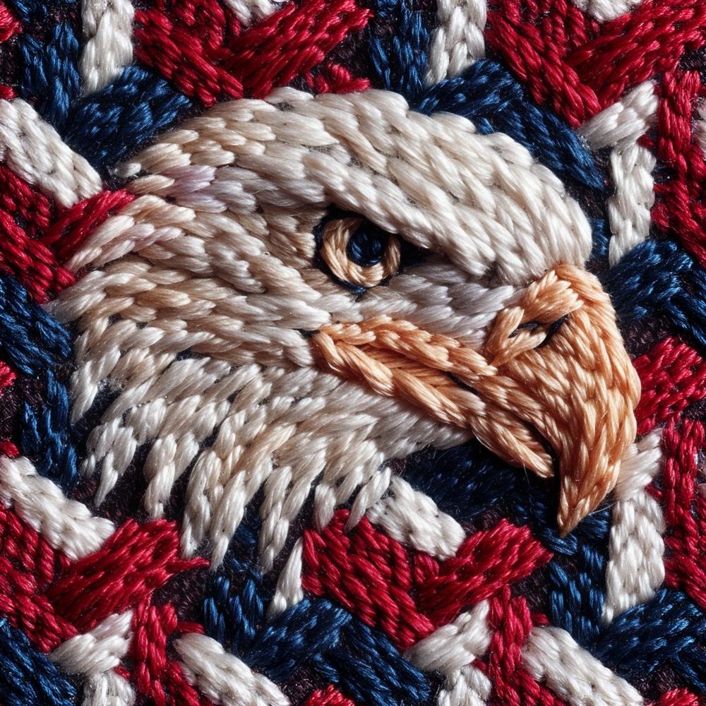 Fabric in Patriotic Bald Eagle Faux Embroidery Pattern 8" Scale