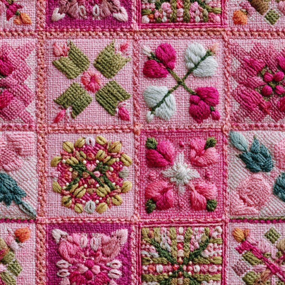 Fabric in Pink Floral Faux Embroidery Patchwork Cheater Quilt Fabric