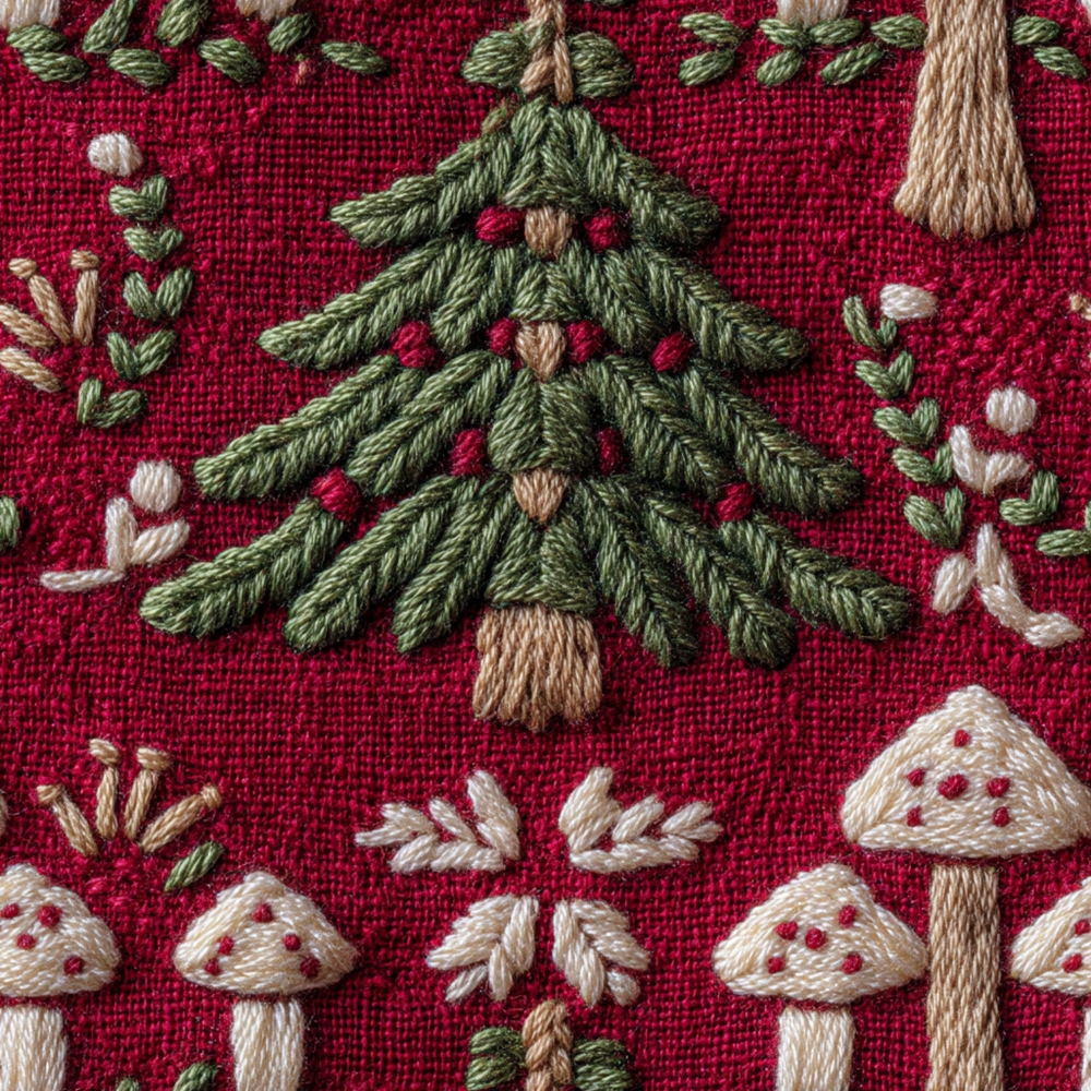 Fabric in Red Festive Faux Embroidery Pattern with Christmas Trees and Mushrooms